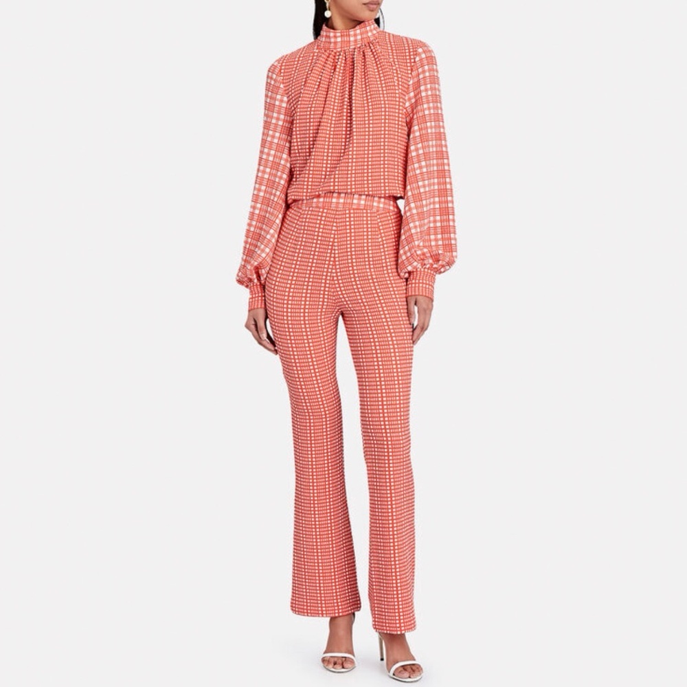 STINE GOYA Orange White plaid gingham print high waist flare Pants - Picture 4 of 16